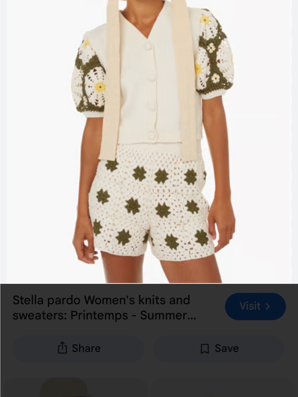 Crochet High-Waist Shorts in Cream with Olive Floral Motif
